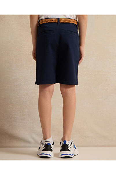 REDTAG Boys Navy Dobby Belted Shorts