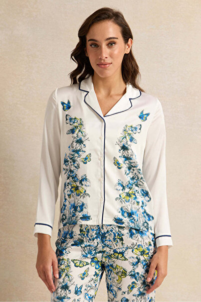 REDTAG Women Blue And White Satin Classic Pyjama Set (2 Piece)