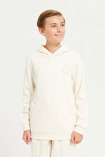 REDTAG Senior Boys Ivory Plain Hooded Sweatshirt