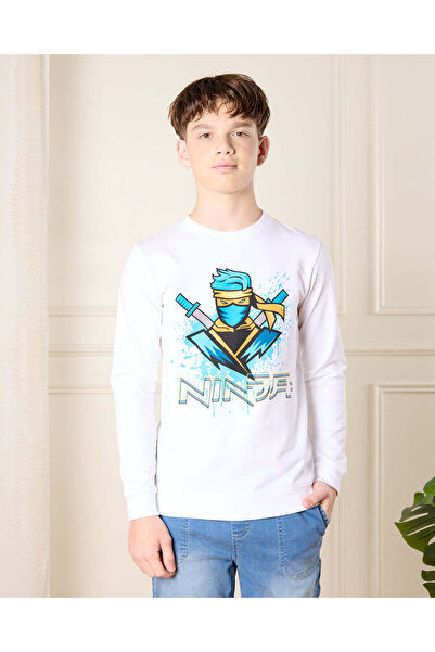 REDTAG Senior Boys White Ninja Print Sweatshirt