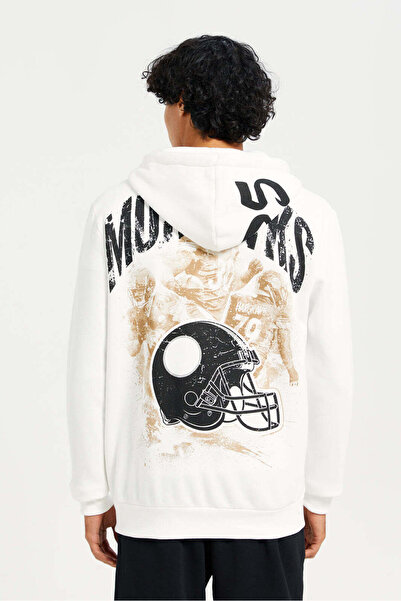 REDTAG Men White Back Print Zip-Through Hoodie