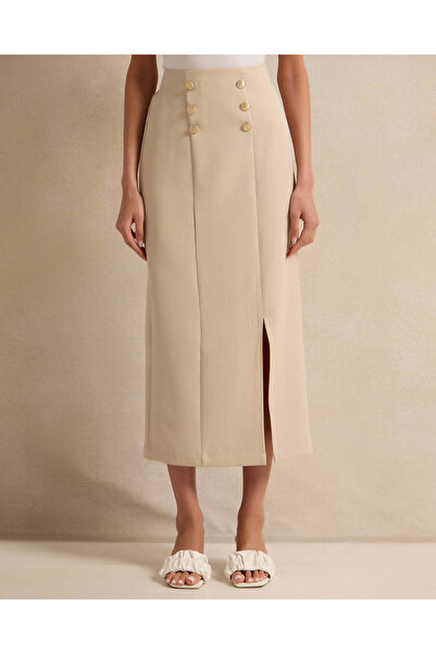 REDTAG Women Beige Skirt With Button Details