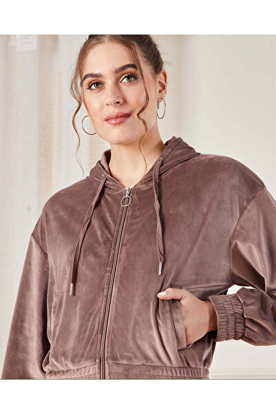 REDTAG Women Brown Zip thru Hooded Velour Active Sweatshirt