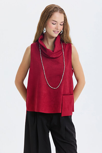 Clandestino Asymmetrical Collar Detailed Suede Blouse Burgundy