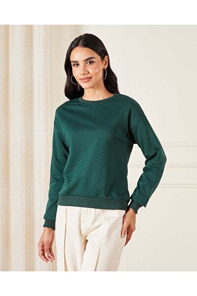 REDTAG Women Green Plain Sweatshirt