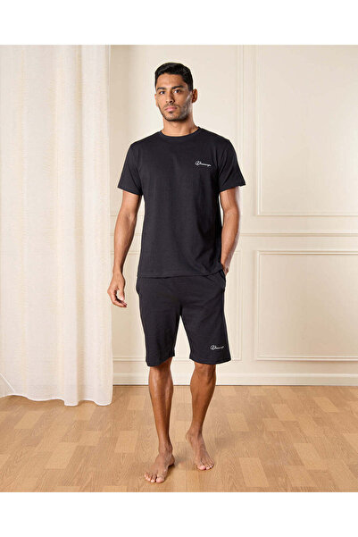 REDTAG Men Plain Black T-Shirt With Short Pyjama Set (2 Piece)