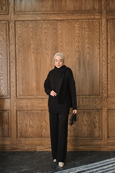 LOCCO Kadın Atkı Detaylı Örgü Takım Siyah