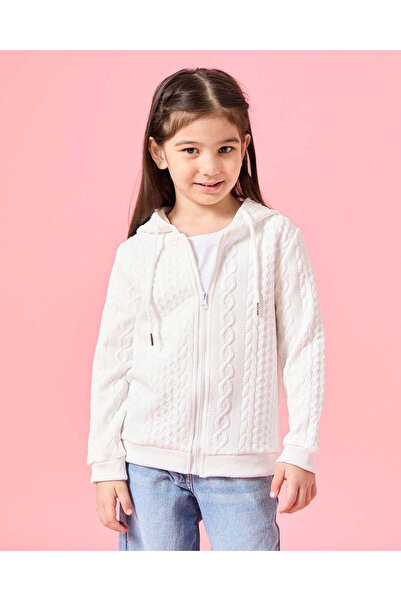REDTAG Girls White Textured Hooded Sweatshirt