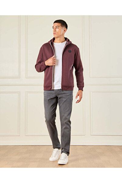 REDTAG Men Burgundy Hooded Sweatshirt