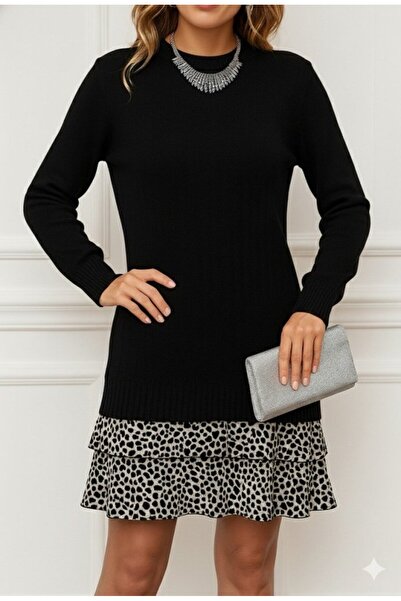 JANES Γυναικείο μακρυμάνικο μπλουζάκι επένδυση fleece πλέξη ριμπ Φόρεμα με μοτίβο με μονόχρωμο κάτω μέρος