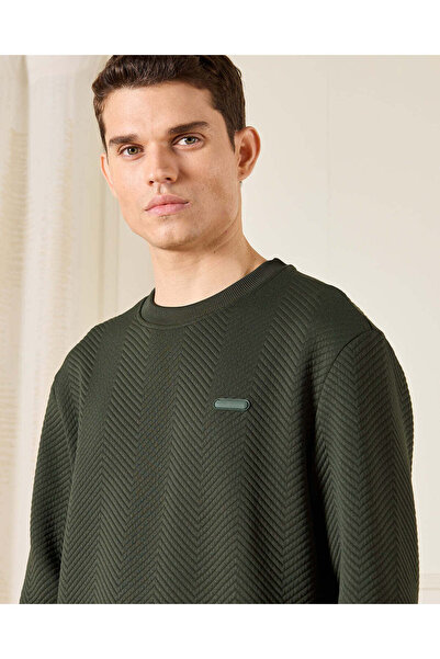REDTAG Men Olive Jacquard Sweatshirt