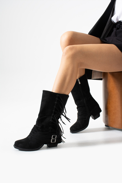 Gökçe Shoes Loveday Siyah Süet Püskül Detay Kadın Western Çizme