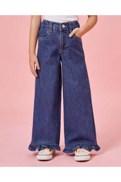 REDTAG Girls Navy Solid Wide Leg Jeans With Frills