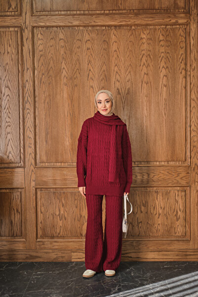 LOCCO Kadın Atkı Detaylı Örgü Takım Bordo