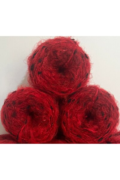 İPEK YÜN İPLİK DÜNYASI Moher Örgü İpi (Kırmızı) Ponpon İp (Siyah) Karışım 100gr