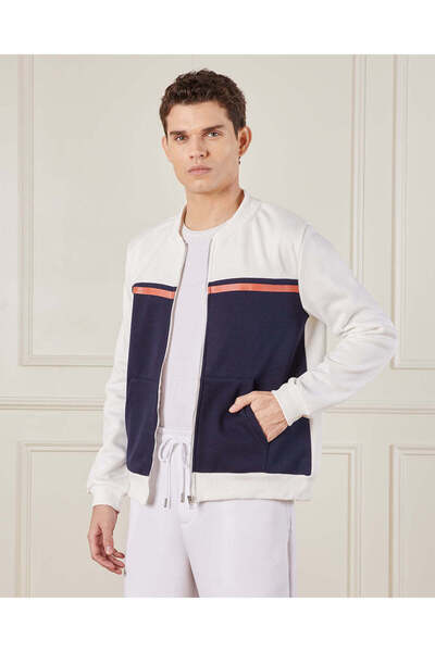 REDTAG Men Navy And White Zip Through Sweatshirt