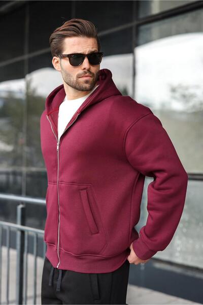 Madmext Claret Red Zippered Hooded Men's Cardigan E7174