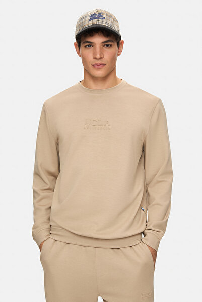UCLA Machado Dark Beige Crew Neck Seersucker Print Standard Fit Men's Sweatshirt