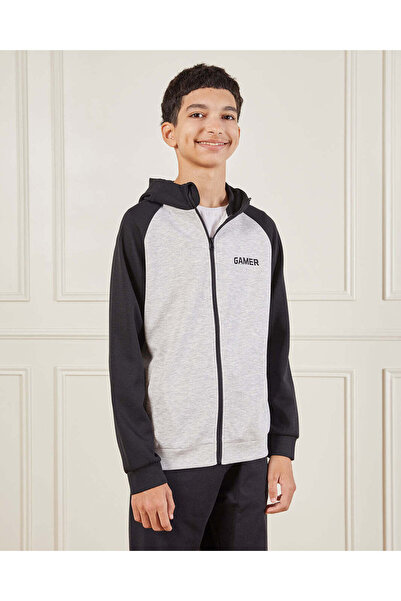 REDTAG Senior Boys Black And Grey Hooded Sweatshirt