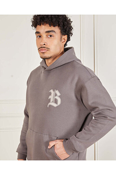 REDTAG Men Charcoal Front & Back Print Hooded Sweatshirt