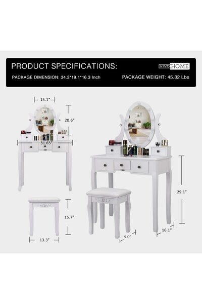 VIVOHOME Makeup table with rotating LED mirror, upholstered chair and drawers, white 134x81x40 cm