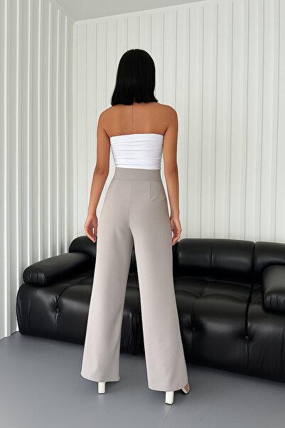 Ramior Women's Light Beige Velcro Waist Detailed Palazzo Fabric Trousers