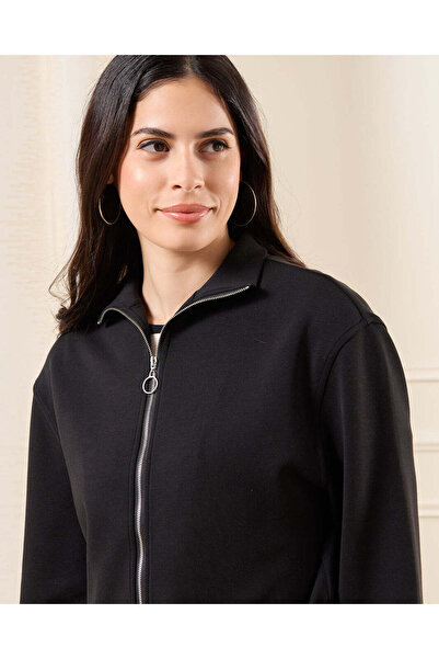 REDTAG Women Black Zip Through Sweatshirt