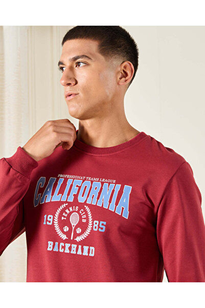 REDTAG Men Burgundy California Print Sweatshirt