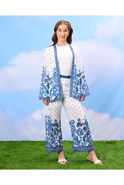 REDTAG Senior Girls White And Blue Printed Wide Leg Pants