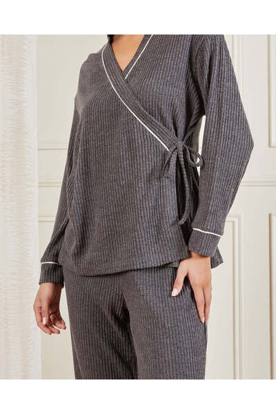 REDTAG Women Charcoal Wrap Pyjama Set (2 Piece Set)