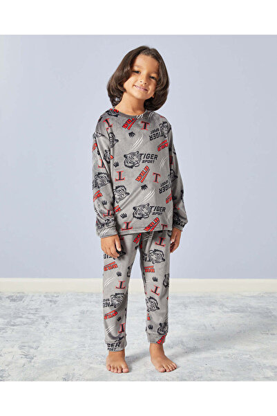 REDTAG Boys Grey Tiger Print Pyjams Set (2 Piece)
