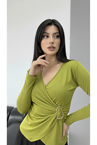 FOORS بلوزة ساندي ذات أكمام طويلة ومشبك باللون الأخضر بأزرار على الجهتين