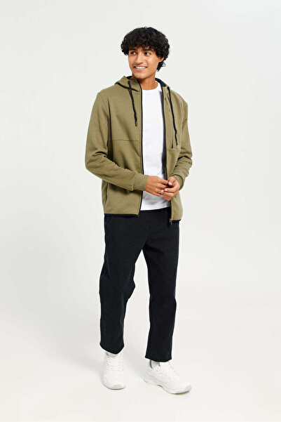 REDTAG Men Green Zip-Through Hooded sweatshirt