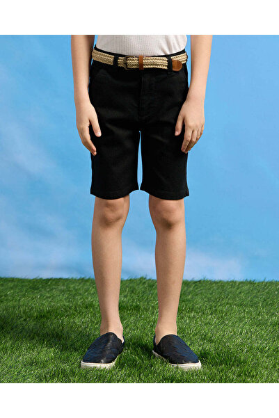 REDTAG Boys Black Dobby Belted Shorts
