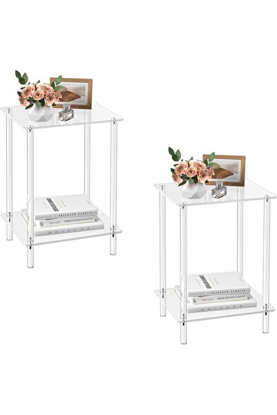 Slasa Set of 2 Clear Acrylic 2-Tier Side Tables 13.4x11.5x19.6 Inch Nightstands
