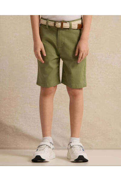 REDTAG Boys Green Dobby Belted Shorts