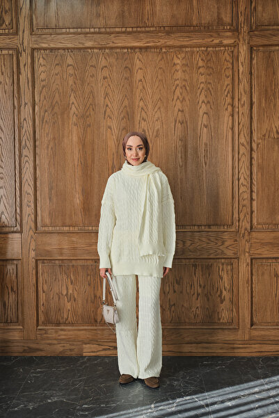 LOCCO Kadın Atkı Detaylı Örgü Takım Ekru