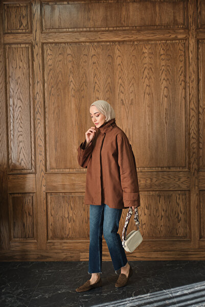 LOCCO Kadın Dik Yaka Gabardin Ceket Kahverengi