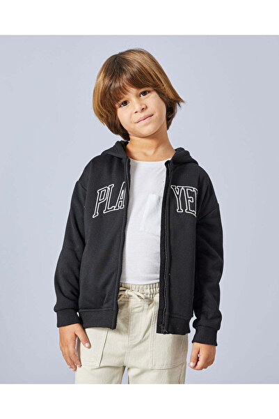 REDTAG Boys Black Hooded Sweatshirt