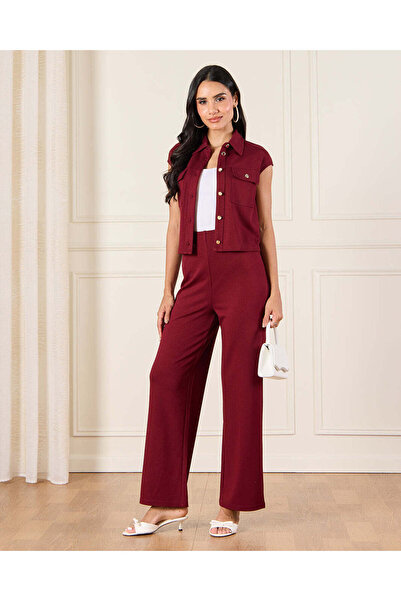 REDTAG Women Burgundy Elasticated Waist Wide Leg Trouser