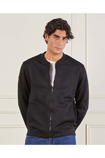 REDTAG Men Black Textured Zip Bomber Jacket
