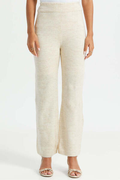 REDTAG Women Beige Knitted Wide Leg With Elastic Waistband Trouser