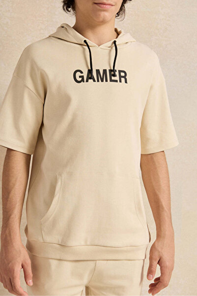 REDTAG Senior Boys Beige Oversize Hooded Sweatshirt