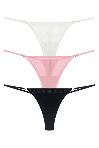 SWEETKORSE 3’lü Gold Detaylı Mikro Rib Kumaş Tanga Külot Seti–Şık,Zarif ve Konforlu Tasarım (Beyaz/Pembe/Siyah)