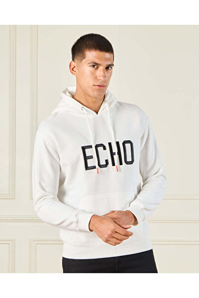 REDTAG Men Ivory Chest Embroidered Hooded Sweatshirt
