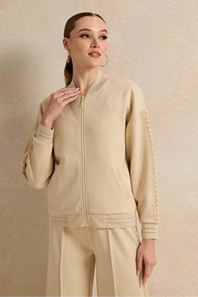 REDTAG Women Beige Bomber Sweatshirt With Lace Trim