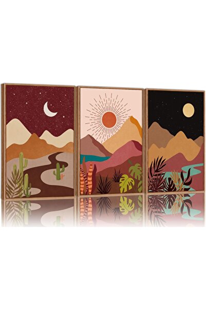 ALAYRA International مجموعة من 3 لوحات فنية جدارية مؤطرة من قماش الشمس والقمر...