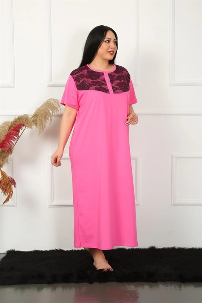 alfa expres Clothing Plus Size Lace Short Sleeve Fuchsia Mother Nightgown