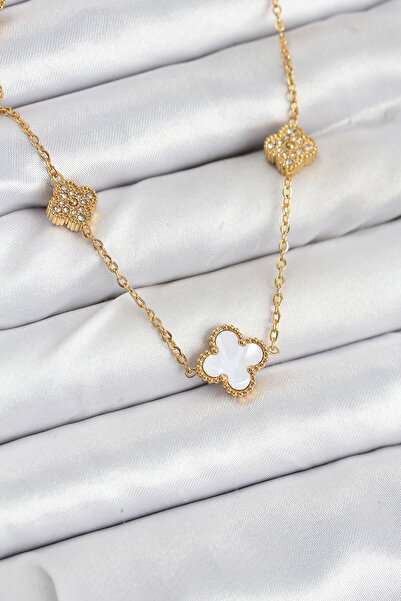 Skygo 316L Steel Chain Gold Color White and Zircon Stone Clover Women Necklace - Tj-Bko10590
