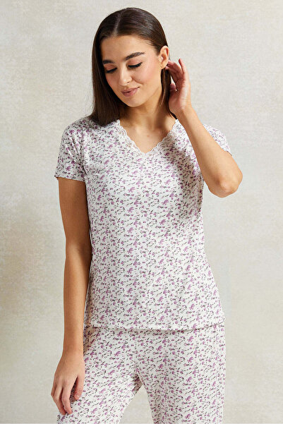 REDTAG Women White And Purple Floral Printed Pyjama Set (2 Piece)